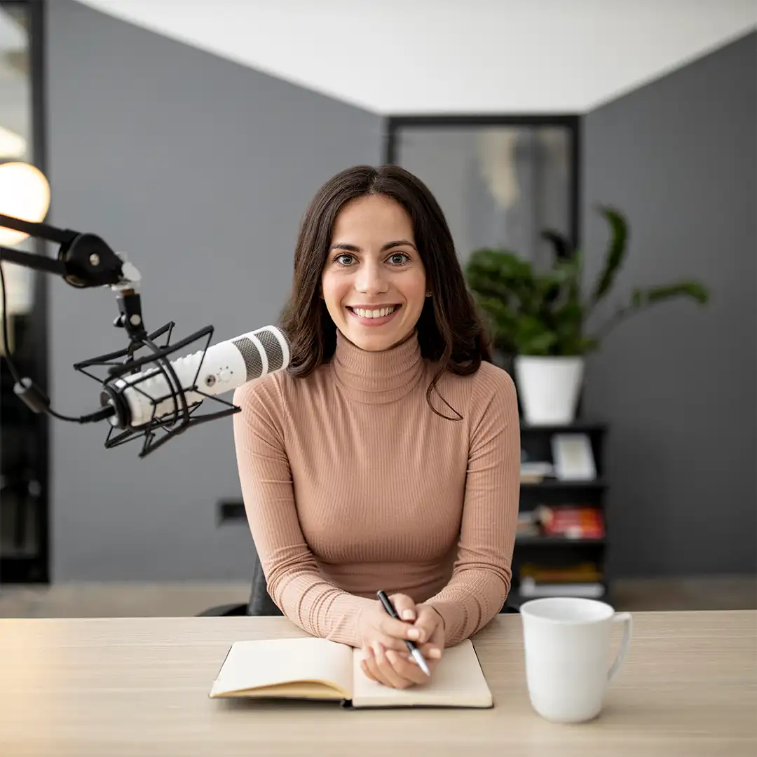 Presenter in a video podcast recording setting